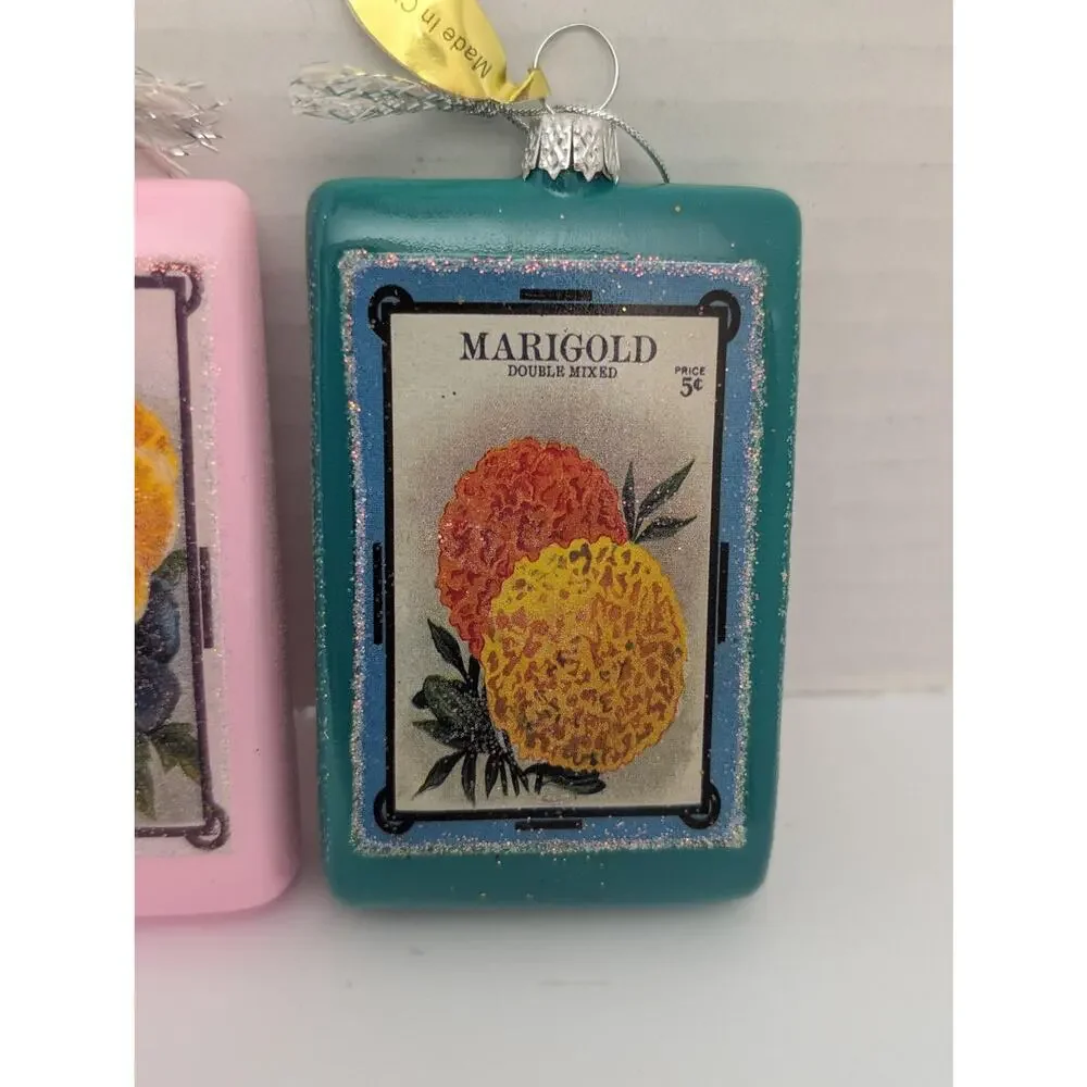 Vintage Seed Packet Glass Ornaments Set Hollyhocks Pansy Marigold Garden Decor